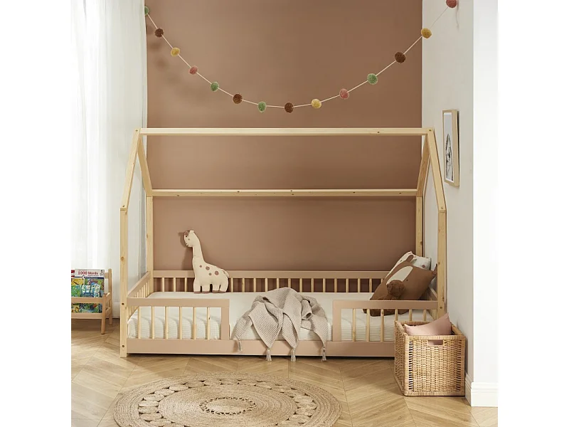 Lit cabane avec barrières TINY pin et rose 90x190cm sommier inclus