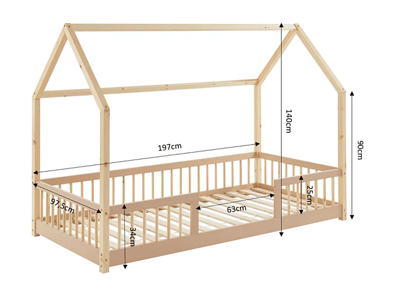 Lit cabane avec barrières TINY pin et rose 90x190cm sommier inclus