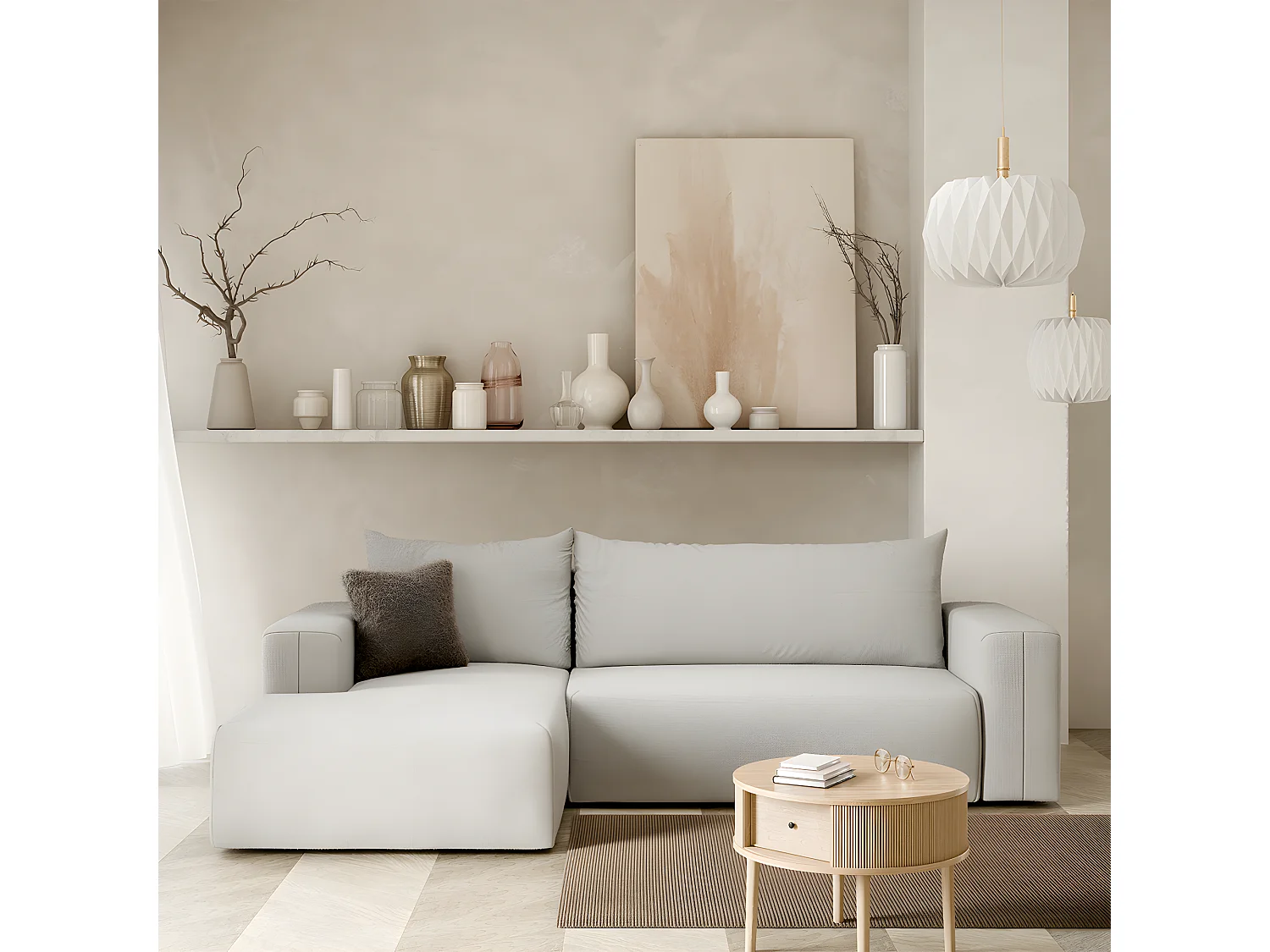 Canapé d'angle convertible gauche 3 places coffre Bliss Gris clair