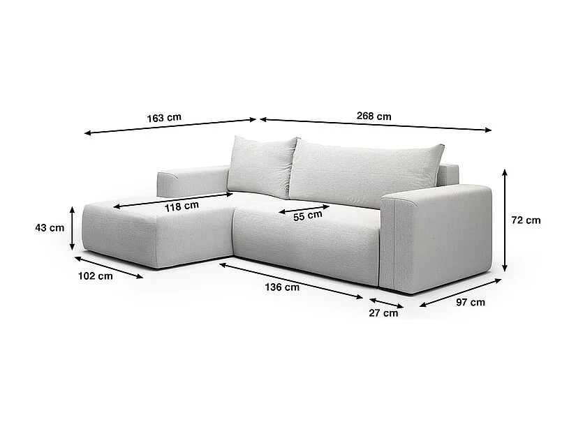 Canapé d'angle convertible gauche 3 places coffre Bliss Gris clair