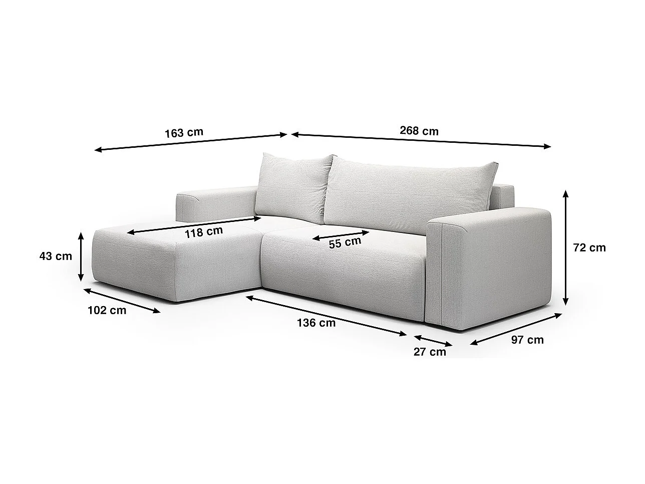 Canapé d'angle convertible gauche 3 places coffre Bliss Gris clair