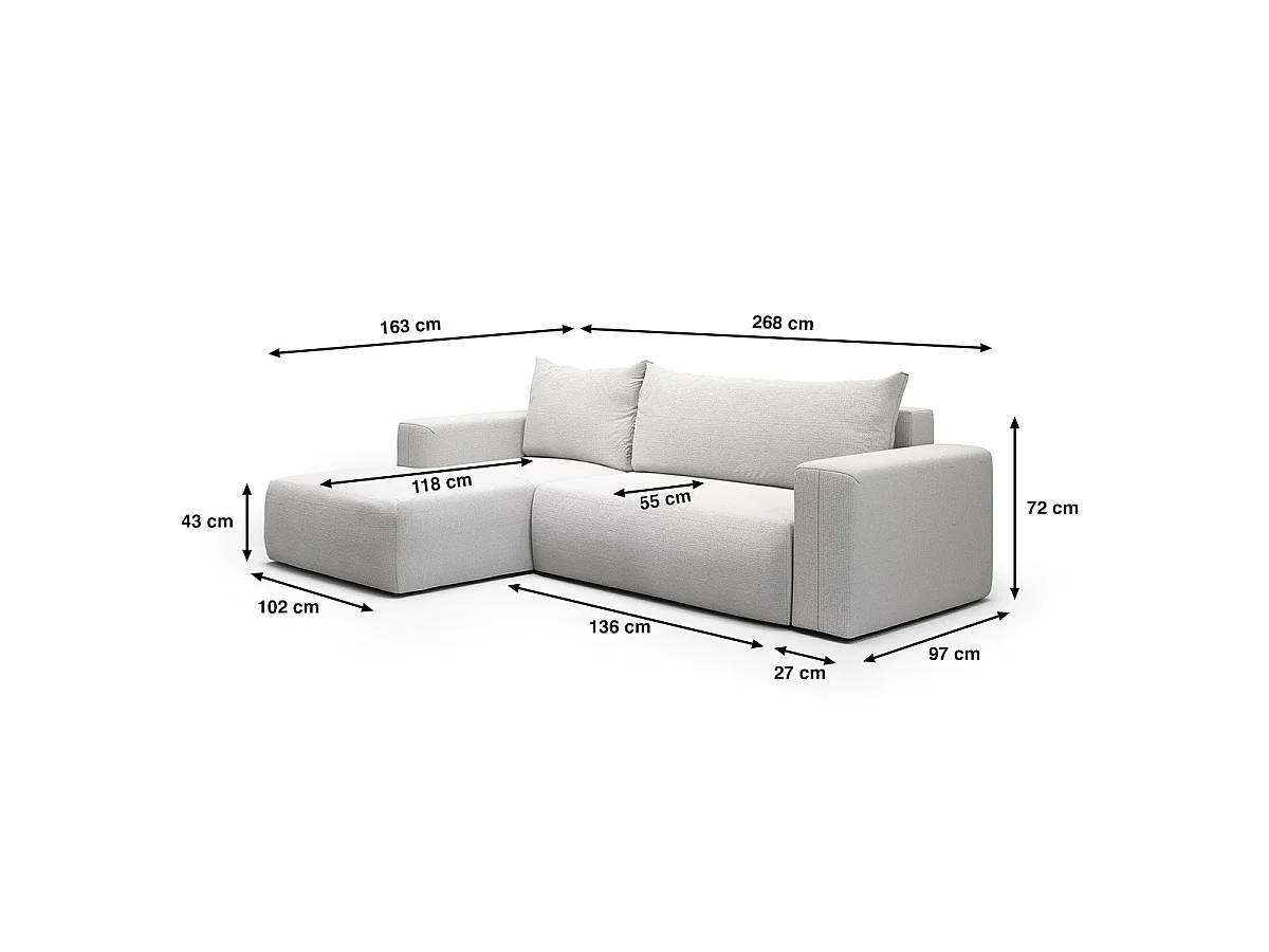 Canapé d'angle convertible 3 places en tissu gris clair BLISS