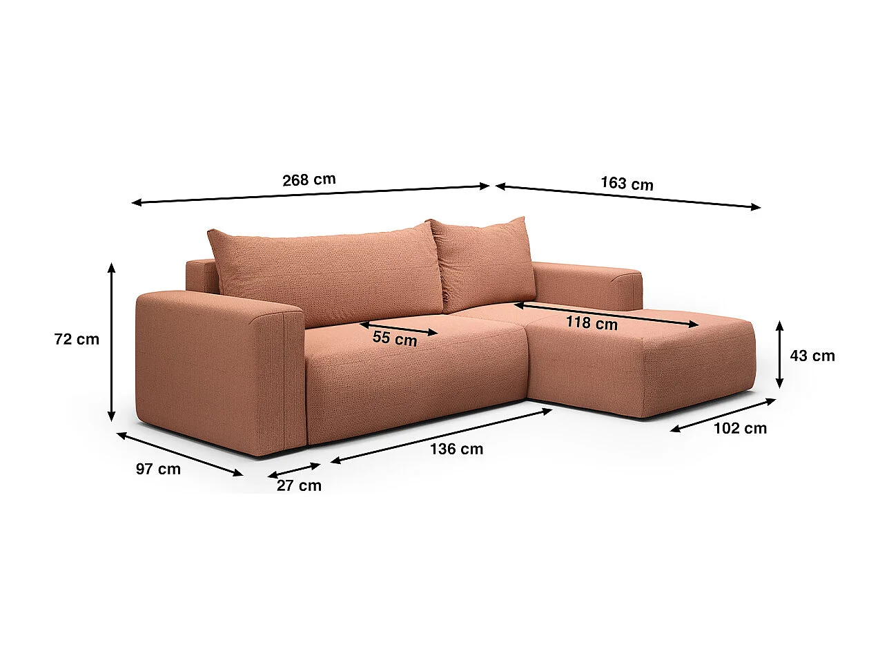 Canapé d'angle convertible droite 3 places coffre Bliss Cuivre