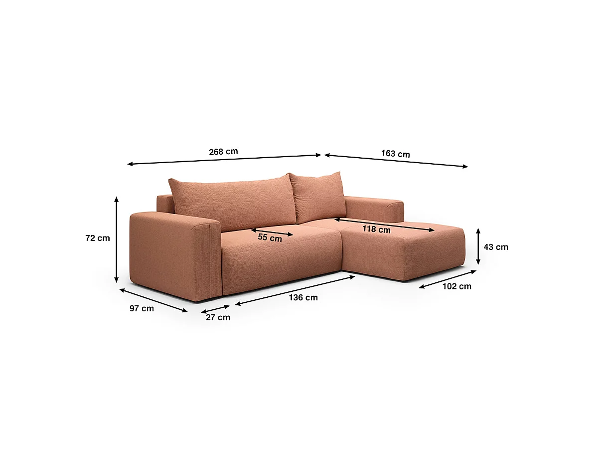 Canapé d'angle convertible 3 places avec coffre en tissu cuivré
