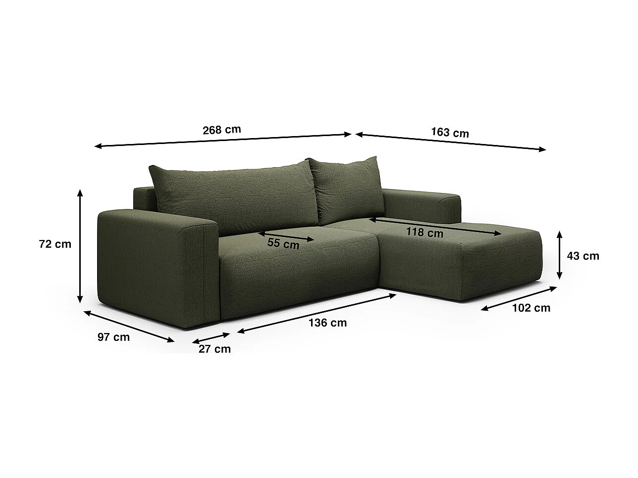 Canapé d'angle convertible droite 3 places coffre Bliss Vert Sapin