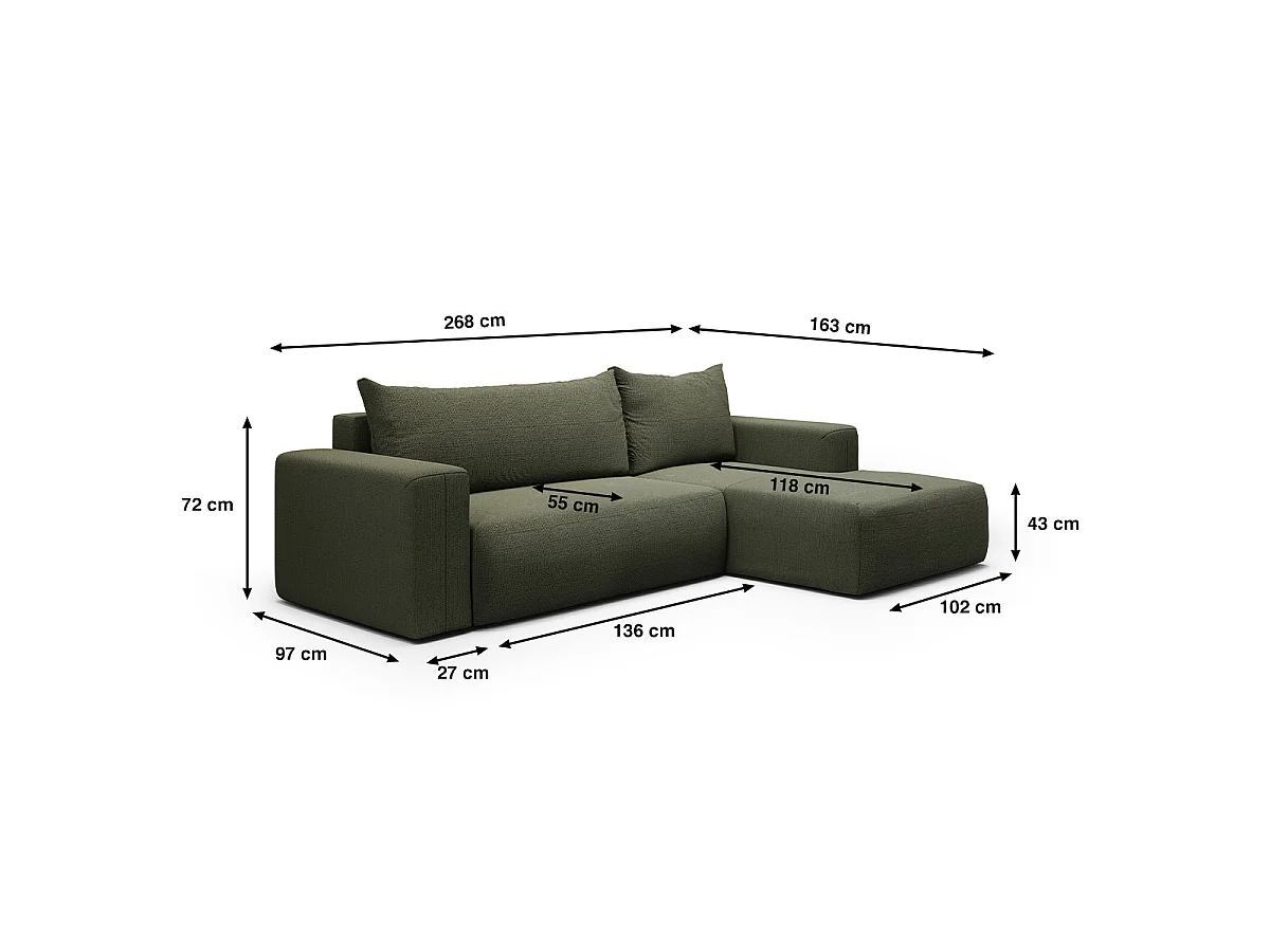 Canapé d'angle convertible 3 places avec coffre en tissu vert