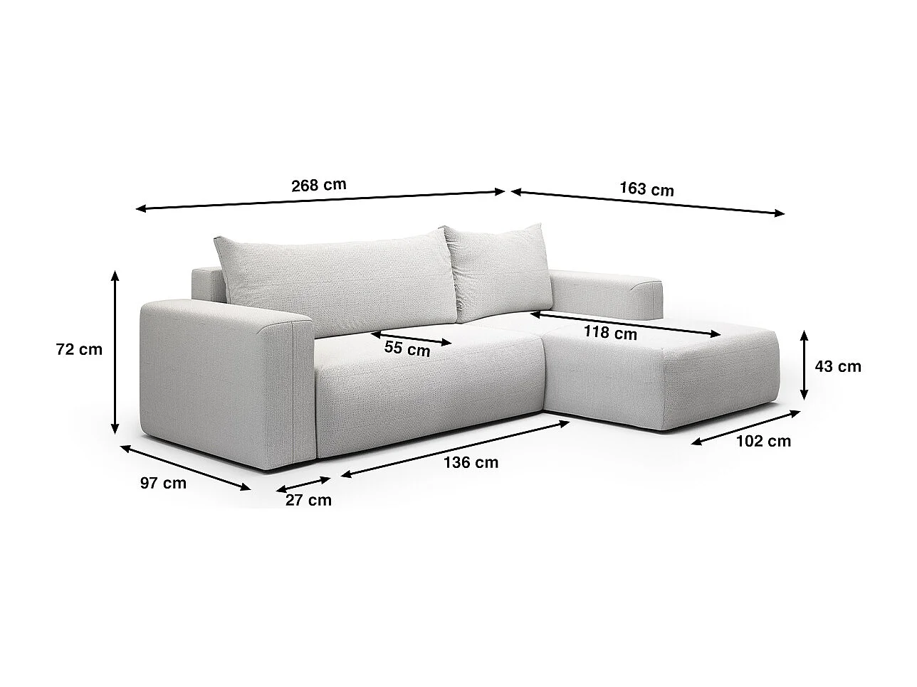 Canapé d'angle convertible droite 3 places coffre Bliss Gris clair