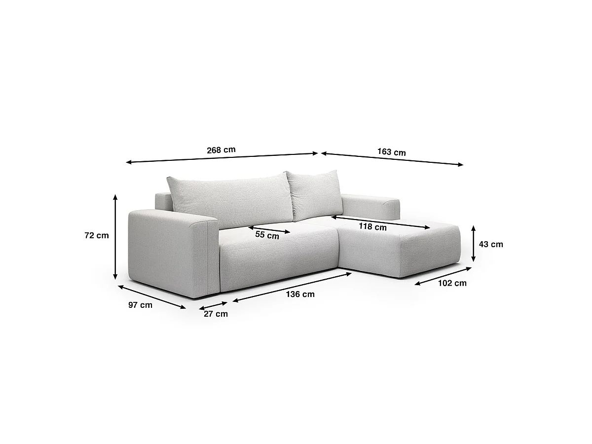 Canapé d'angle convertible 3 places en tissu gris clair BLISS