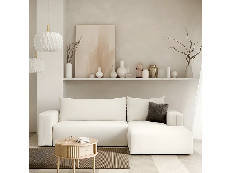 Canapé d'angle convertible droite 3 places coffre Bliss Blanc Cassé