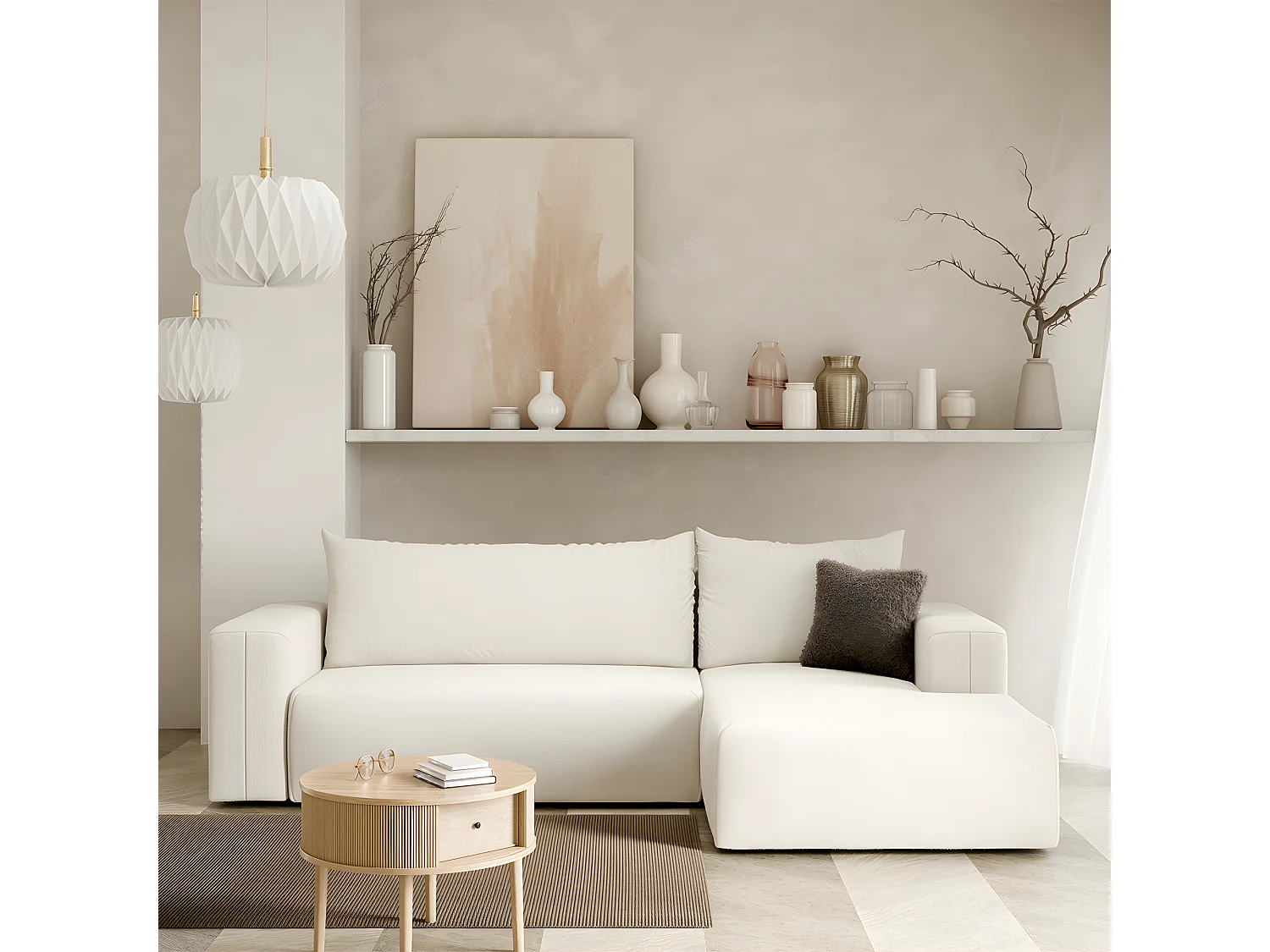 Canapé d'angle convertible droite 3 places coffre Bliss Blanc Cassé