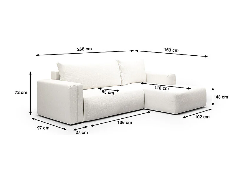 Canapé d'angle convertible droite 3 places coffre Bliss Blanc Cassé