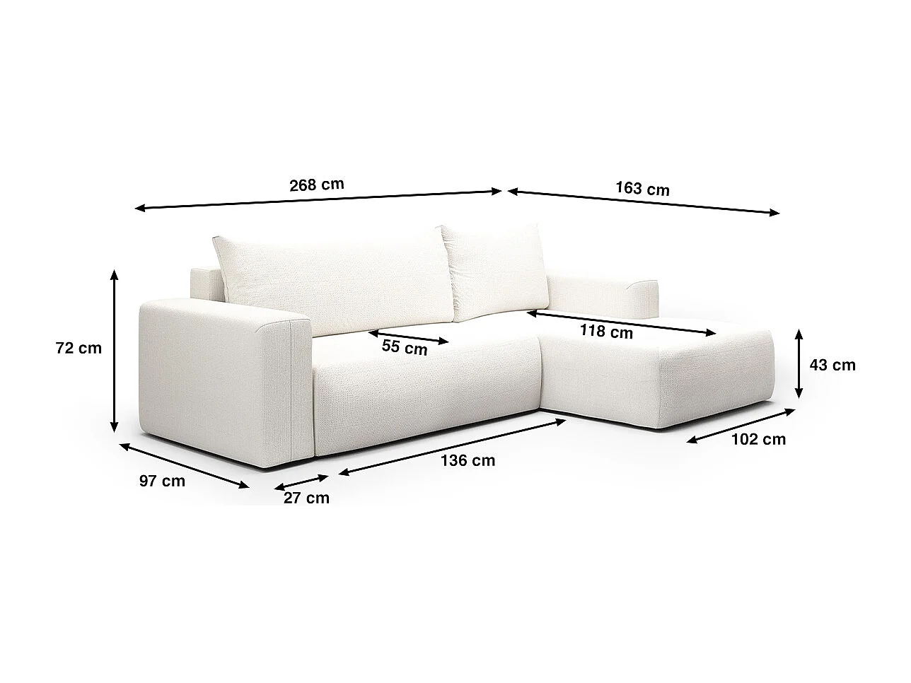 Canapé d'angle convertible droite 3 places coffre Bliss Blanc Cassé