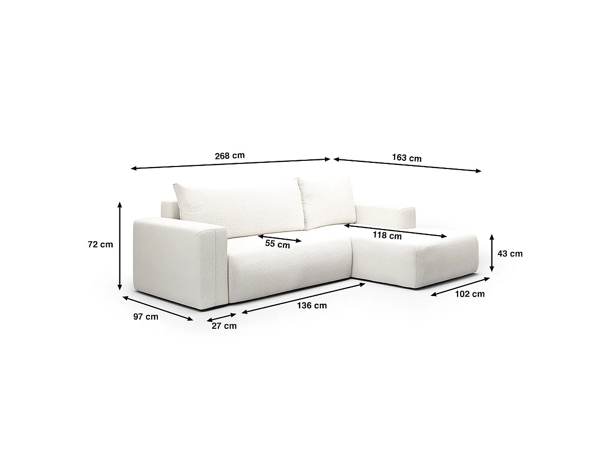Canapé d'angle convertible 3 places en tissu blanc casse BLISS