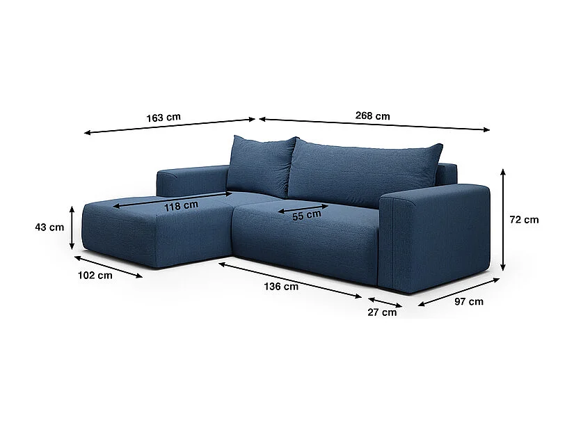 Canapé d'angle convertible gauche 3 places coffre Bliss Bleu