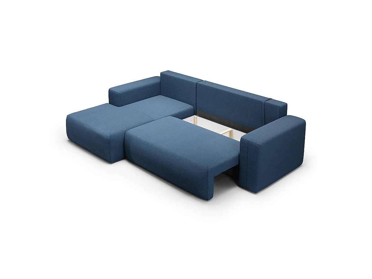 Canapé d'angle convertible 3 places avec coffre en tissu bleu