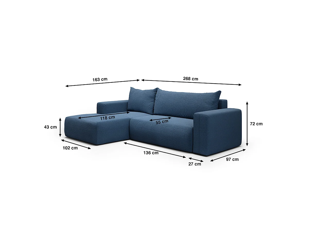 Canapé d'angle convertible 3 places avec coffre en tissu bleu
