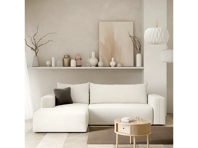 Canapé d'angle convertible gauche 3 places coffre Bliss Blanc Cassé