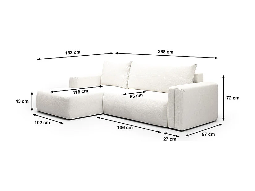 Canapé d'angle convertible gauche 3 places coffre Bliss Blanc Cassé