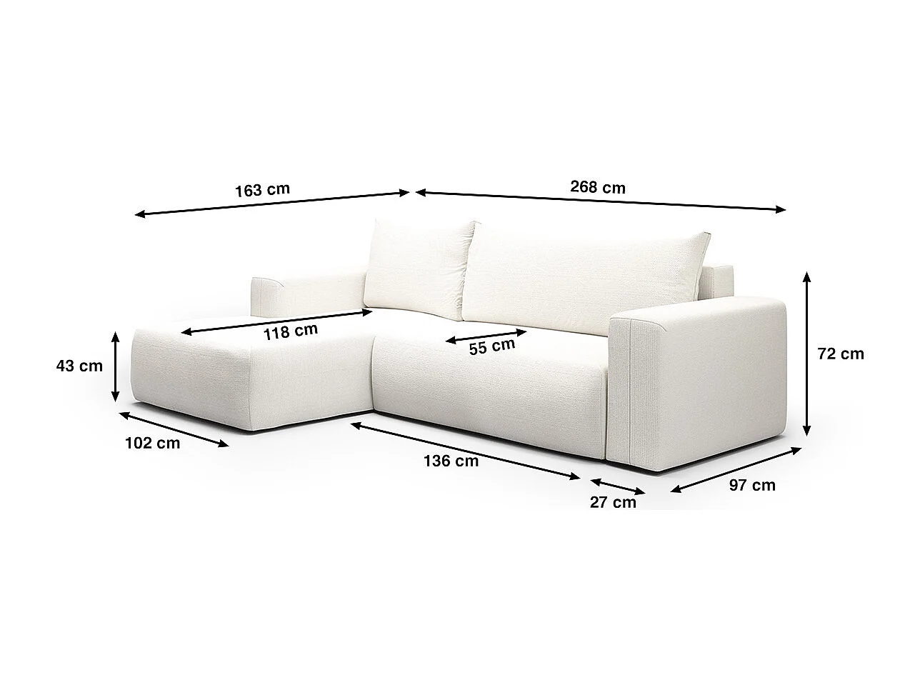 Canapé d'angle convertible gauche 3 places coffre Bliss Blanc Cassé