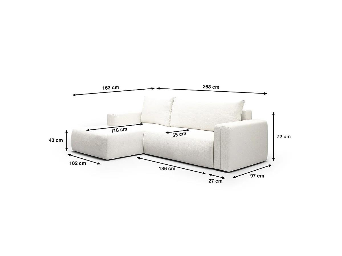 Canapé d'angle convertible 3 places en tissu blanc casse BLISS