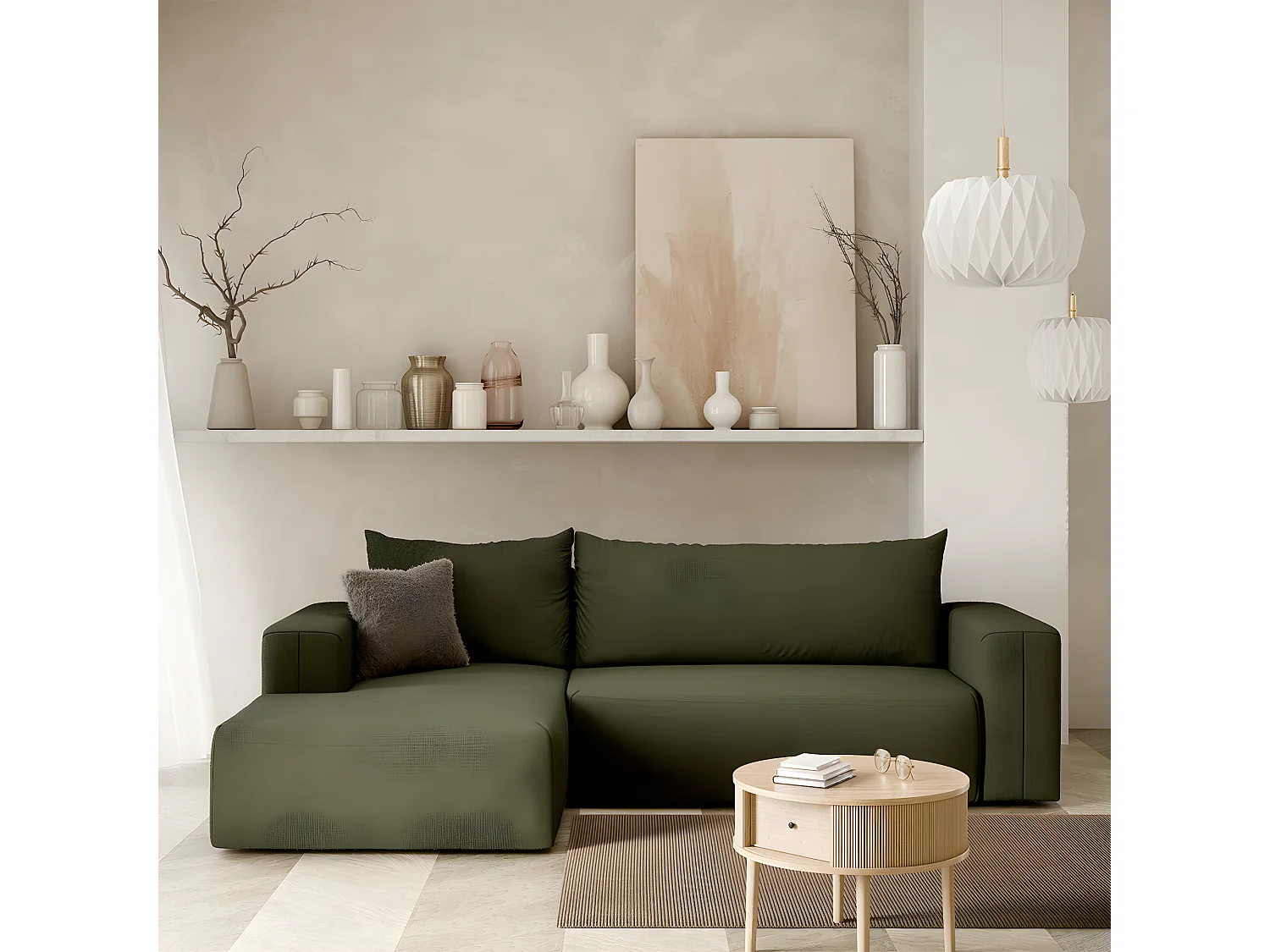 Canapé d'angle convertible gauche 3 places coffre Bliss Vert Sapin