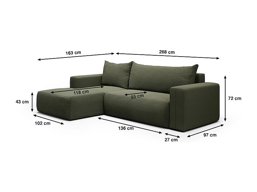 Canapé d'angle convertible gauche 3 places coffre Bliss Vert Sapin