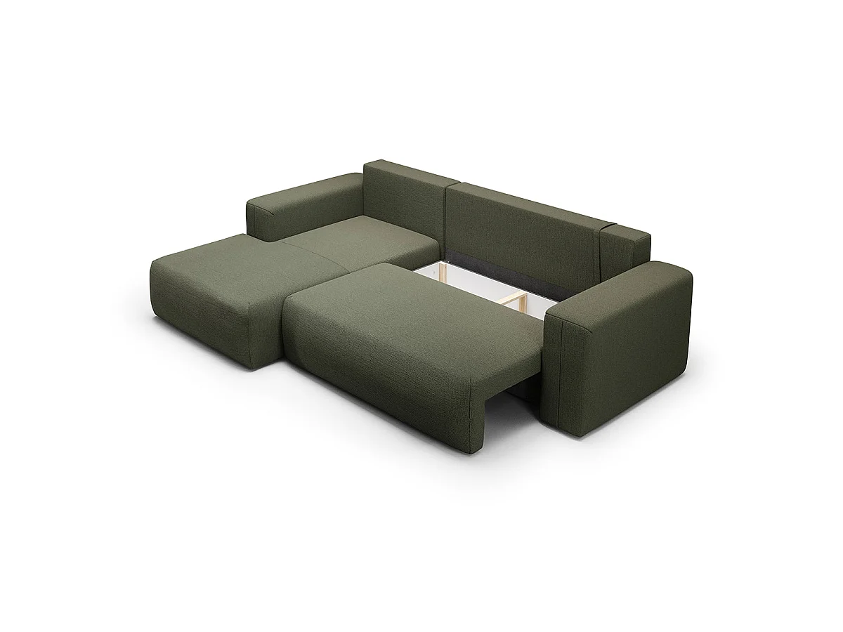 Canapé d'angle convertible 3 places avec coffre en tissu vert