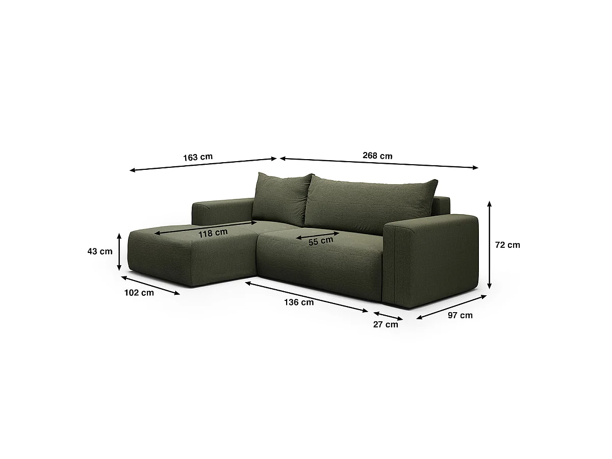 Canapé d'angle convertible 3 places avec coffre en tissu vert