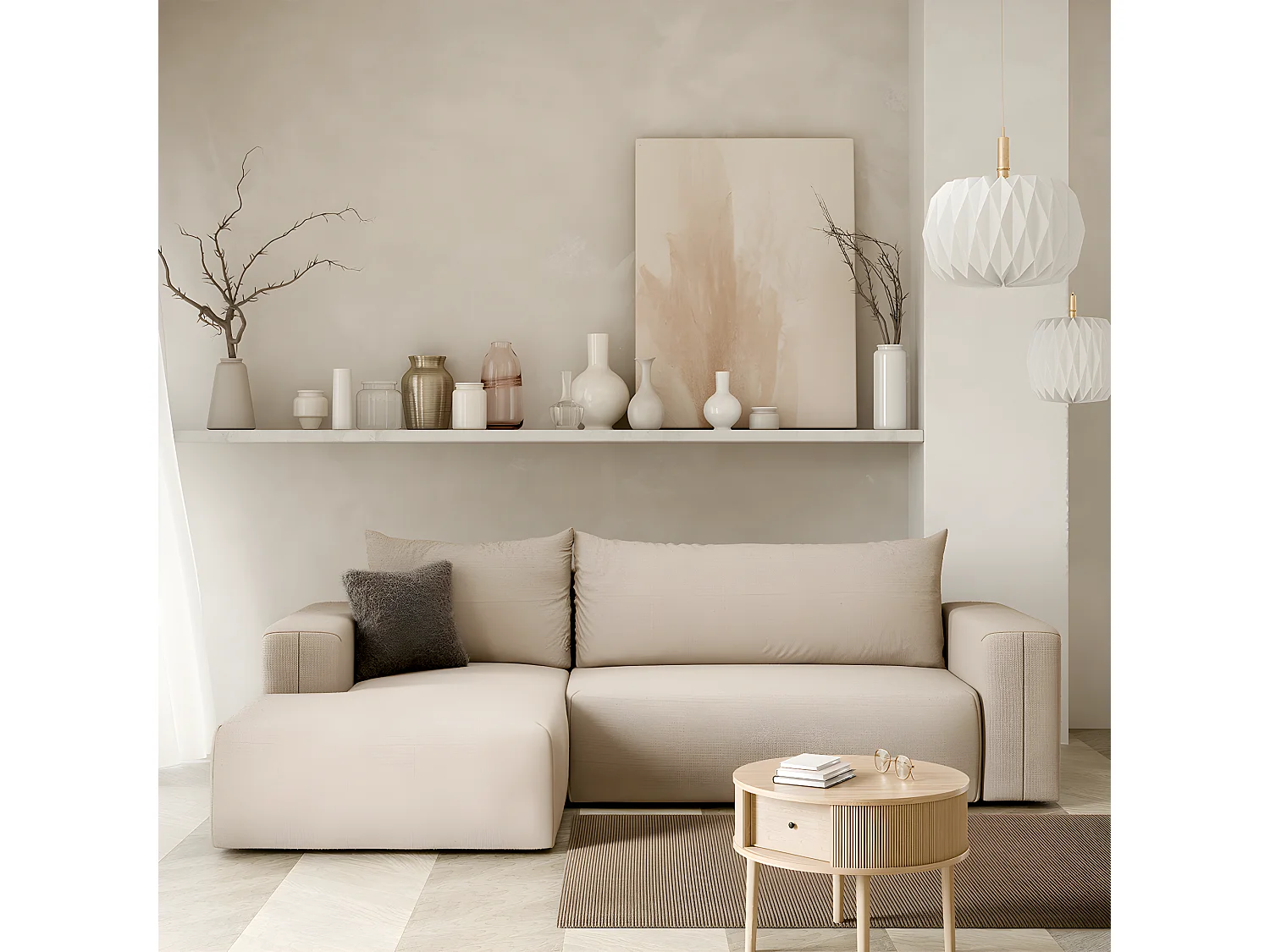 Canapé d'angle convertible gauche 3 places coffre Bliss Beige