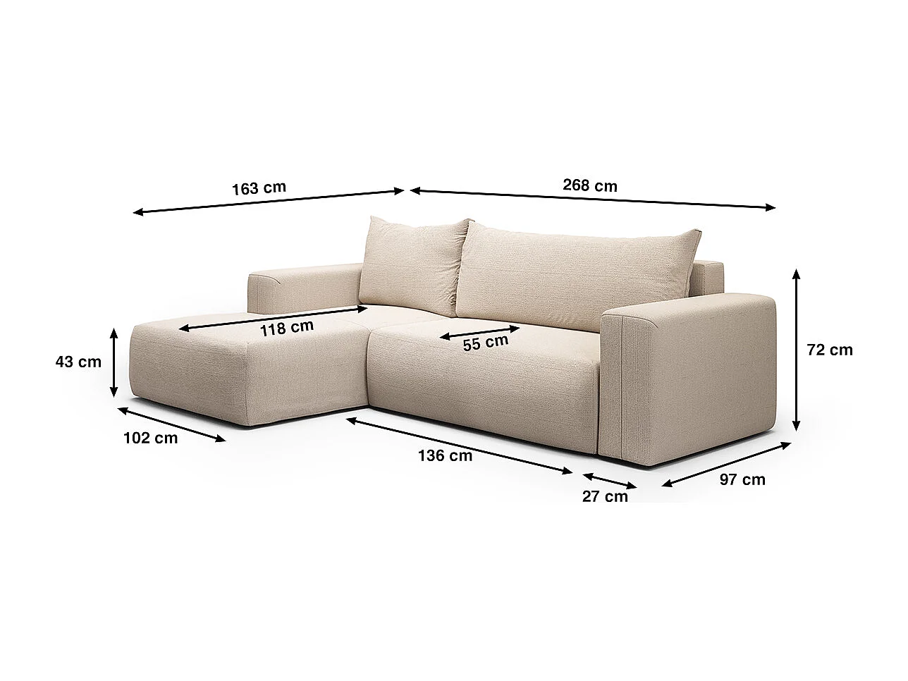 Canapé d'angle convertible gauche 3 places coffre Bliss Beige
