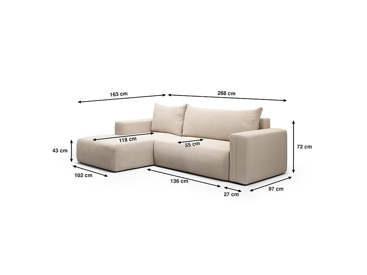 Canapé d'angle convertible 3 places avec coffre en tissu beige