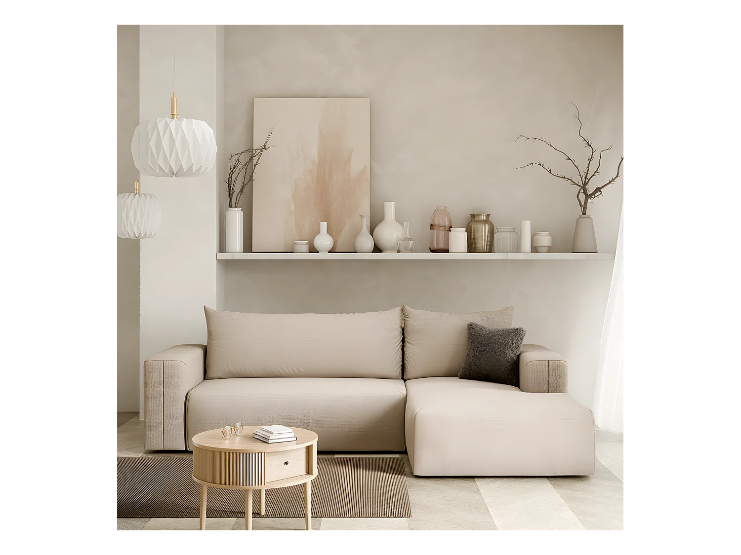 Canapé d'angle convertible droite 3 places coffre Bliss Beige