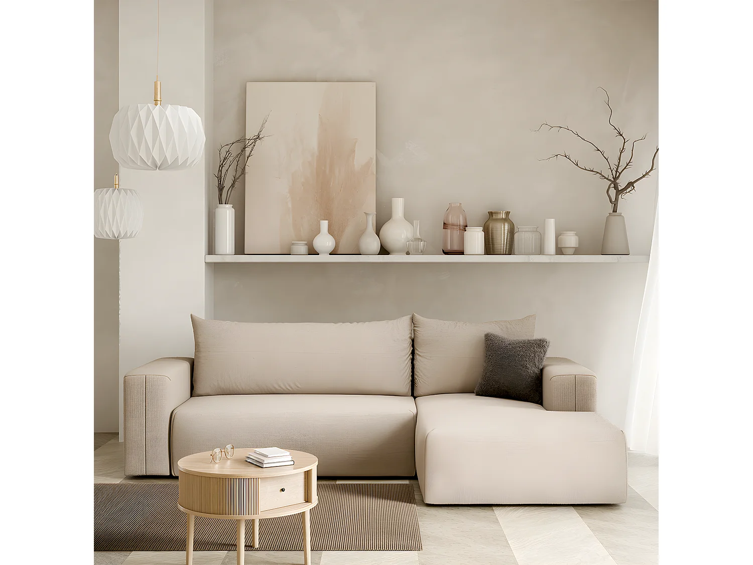 Canapé d'angle convertible droite 3 places coffre Bliss Beige