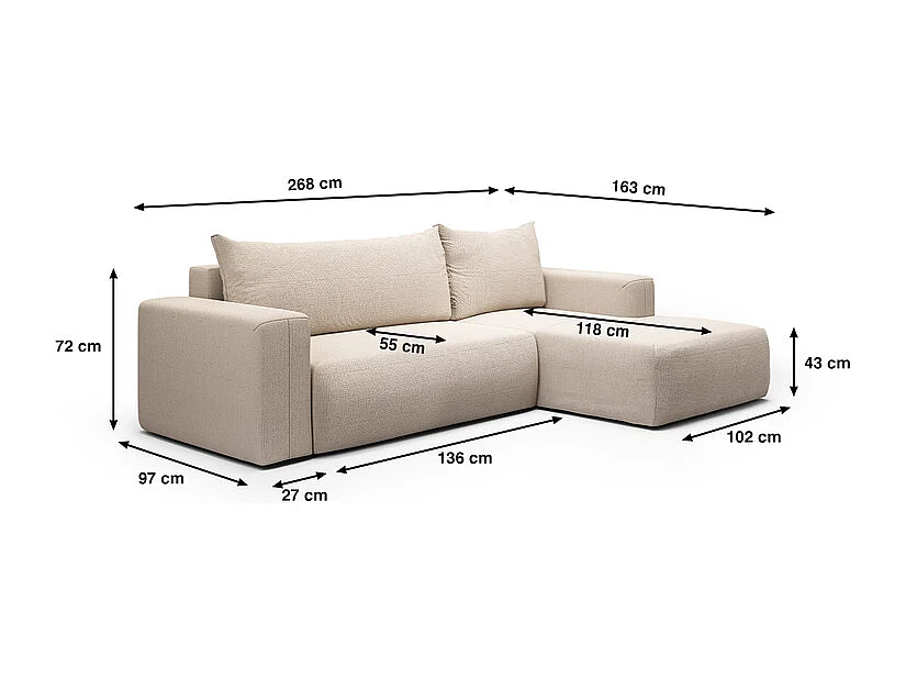 Canapé d'angle convertible droite 3 places coffre Bliss Beige