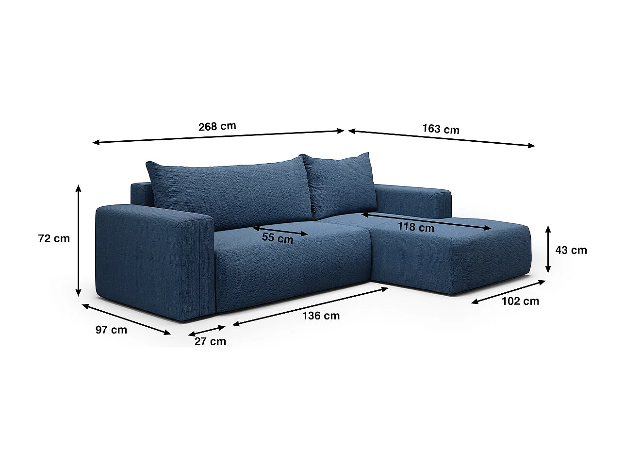 Canapé d'angle convertible droite 3 places coffre Bliss Bleu