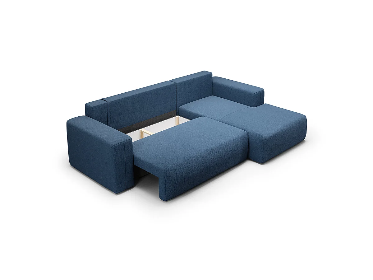 Canapé d'angle convertible 3 places avec coffre en tissu bleu