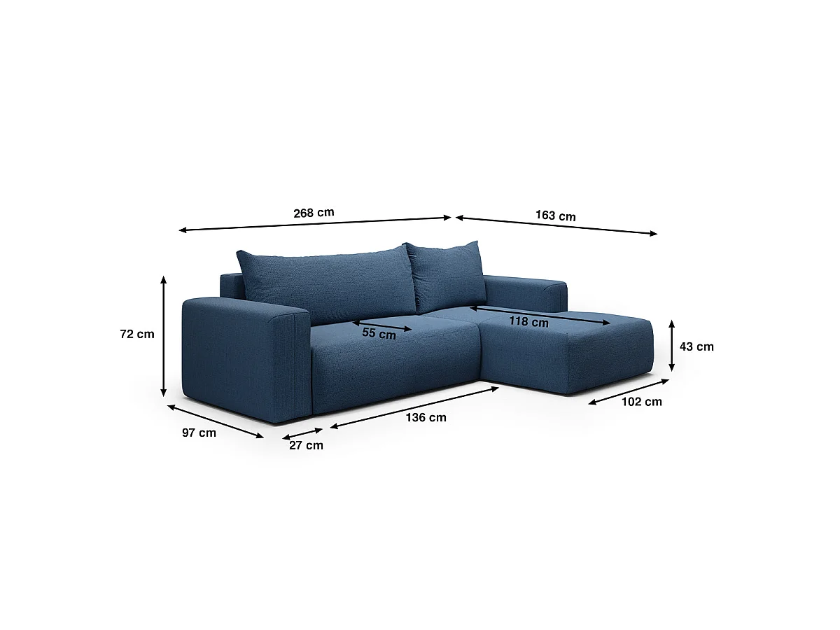 Canapé d'angle convertible 3 places avec coffre en tissu bleu