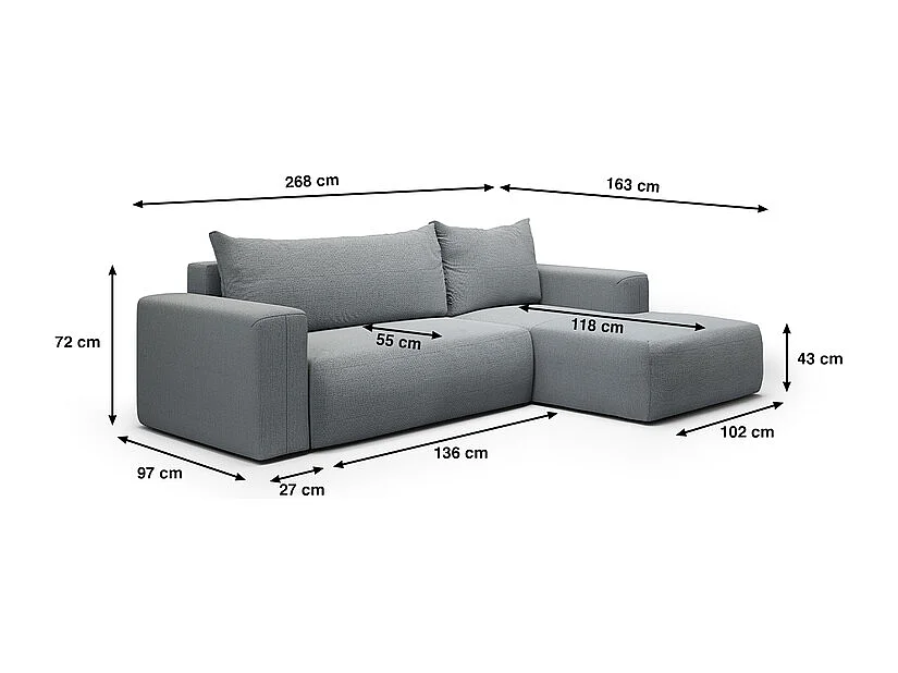 Canapé d'angle convertible droite 3 places coffre Bliss Gris