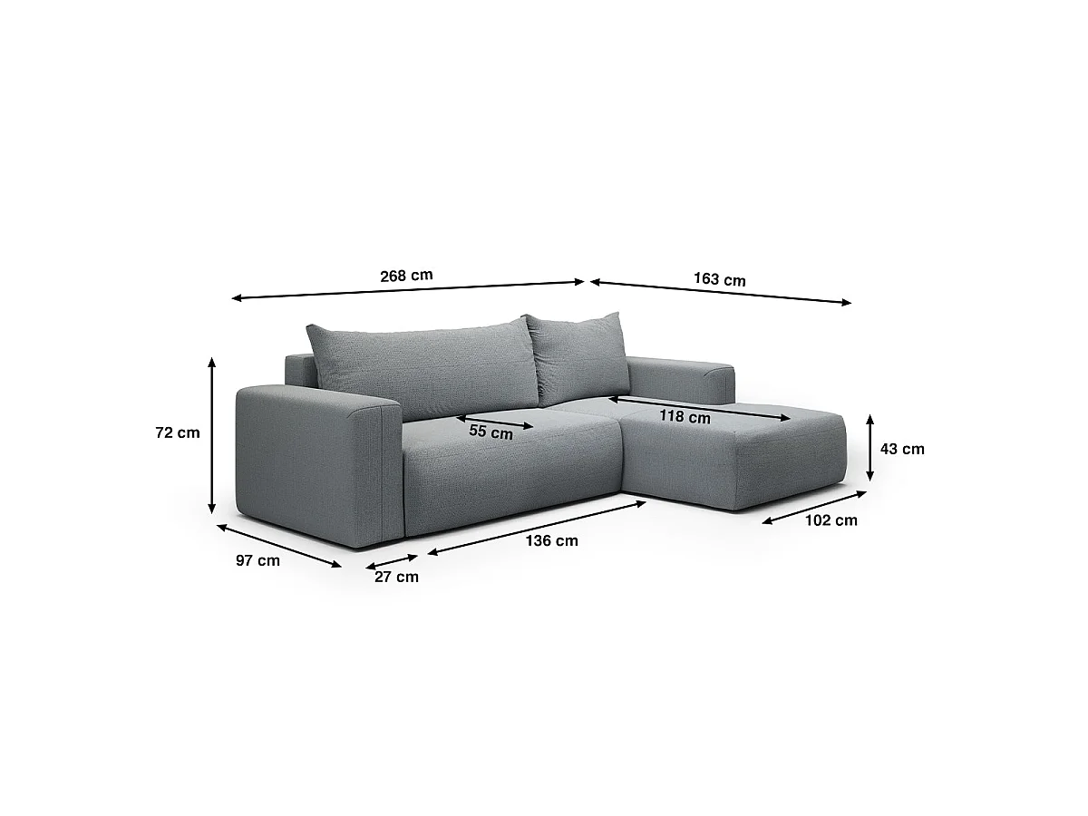 Canapé d'angle convertible 3 places avec coffre en tissu gris