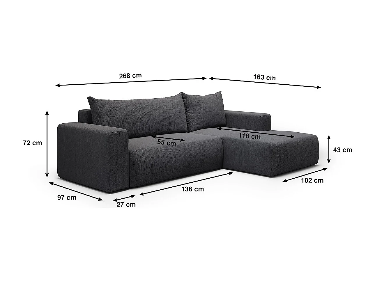 Canapé d'angle convertible droite 3 places coffre Bliss Gris foncé