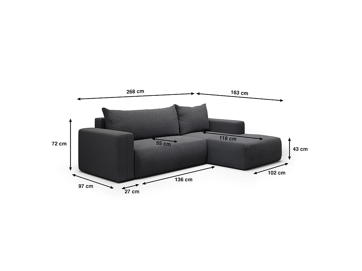 Canapé d'angle convertible 3 places en tissu gris foncé BLISS