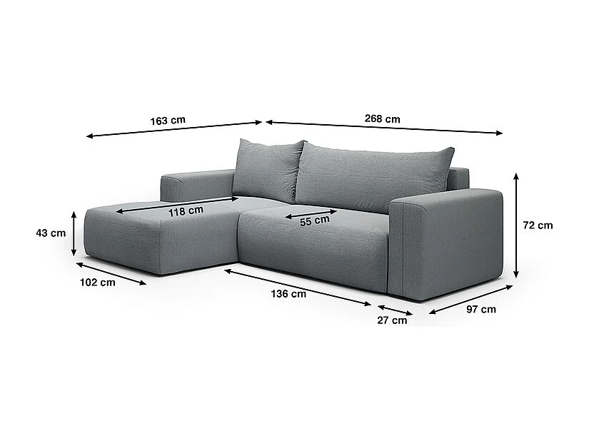 Canapé d'angle convertible gauche 3 places coffre Bliss Gris