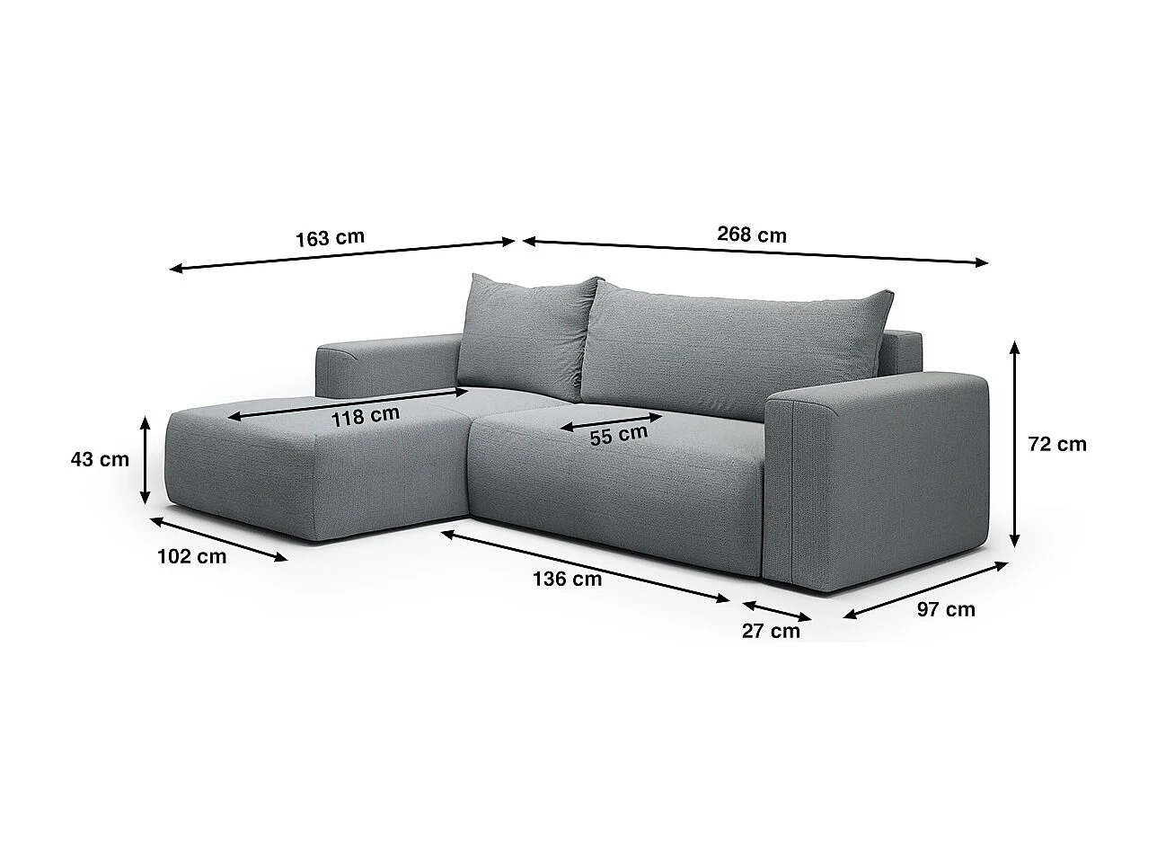 Canapé d'angle convertible gauche 3 places coffre Bliss Gris