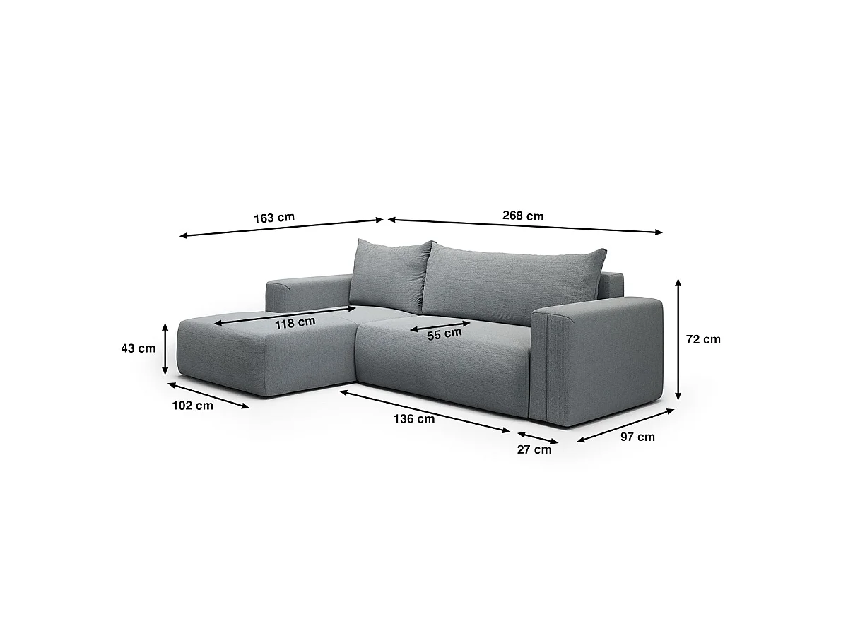 Canapé d'angle convertible 3 places avec coffre en tissu gris