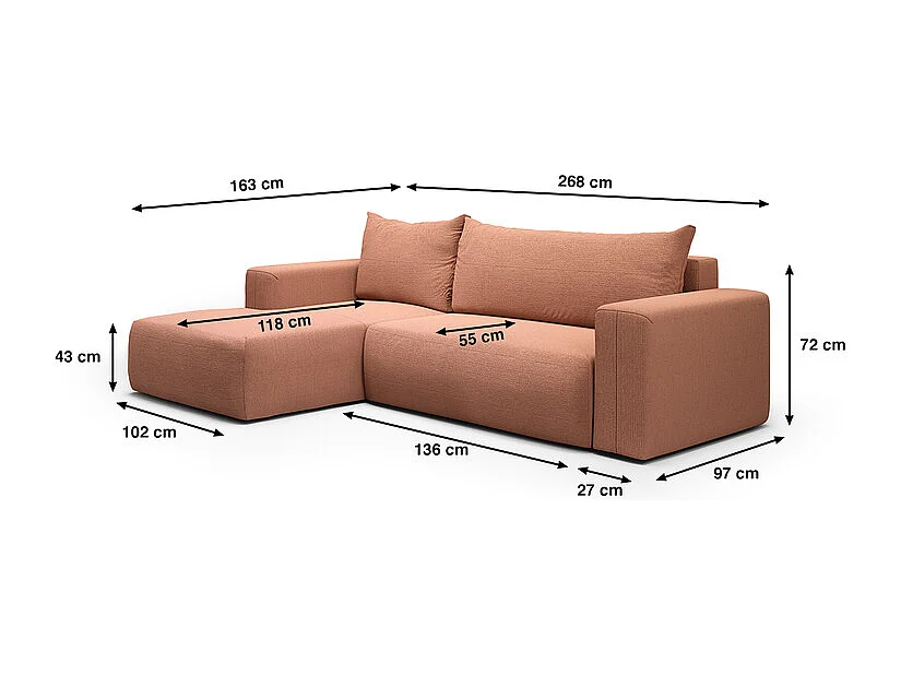 Canapé d'angle convertible gauche 3 places coffre Bliss Cuivre