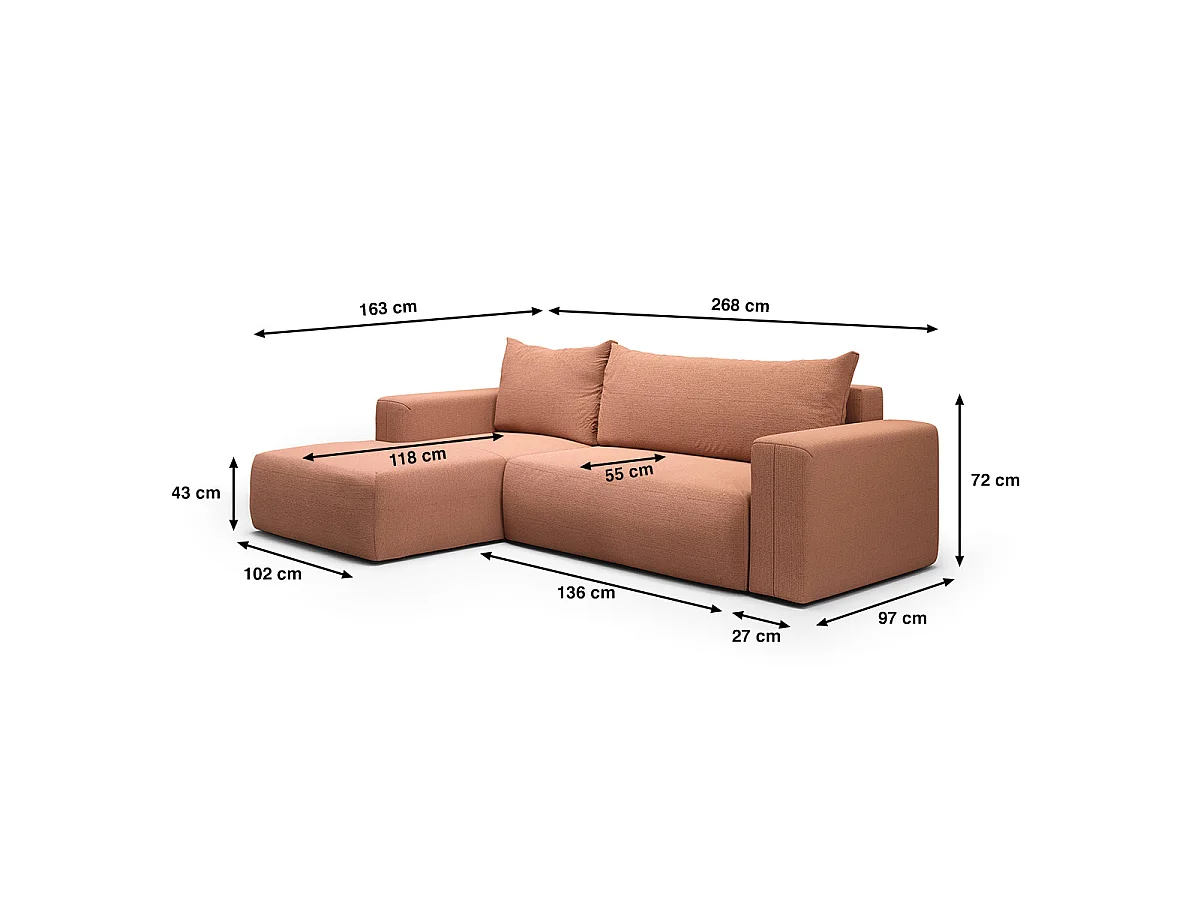 Canapé d'angle convertible 3 places avec coffre en tissu cuivré