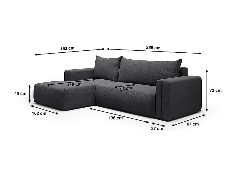 Canapé d'angle convertible gauche 3 places coffre Bliss Gris foncé