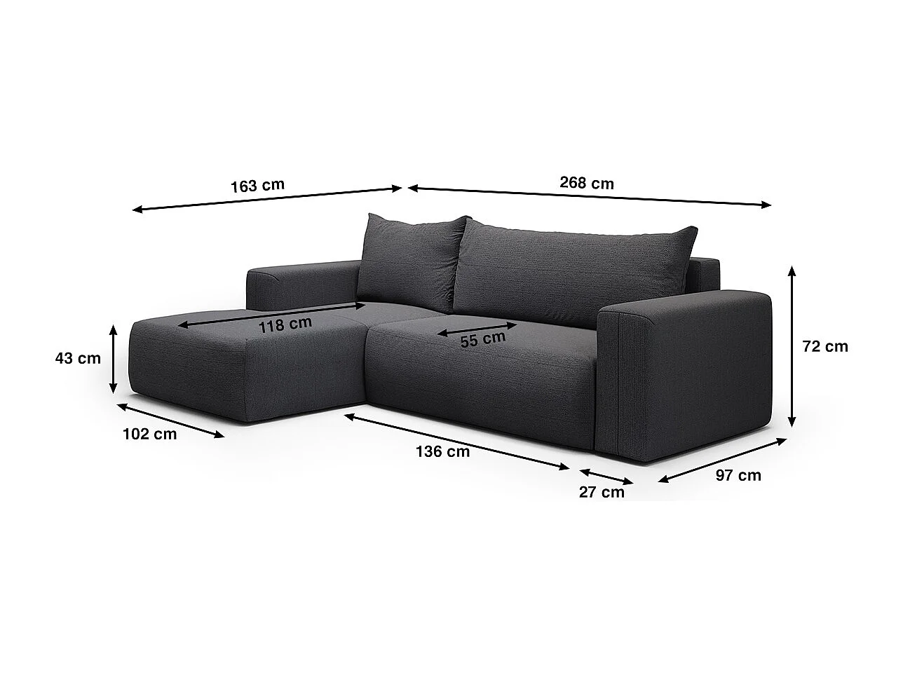 Canapé d'angle convertible gauche 3 places coffre Bliss Gris foncé