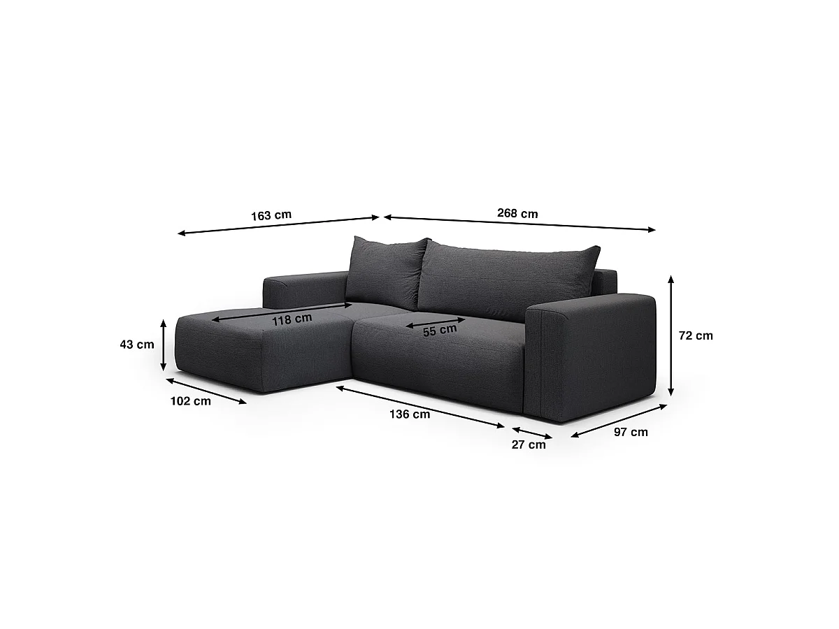Canapé d'angle convertible 3 places en tissu gris foncé BLISS