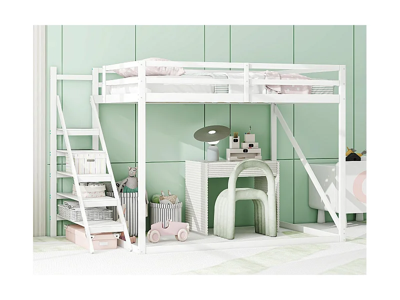 Etagenbett 140x200 cm aus massivem Kiefernholz – mit Treppe und Leiter – Grau